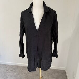 James Perse Black‎ Linen V Neck Popover Shirt Long Sleeve Minimal Womens Medium